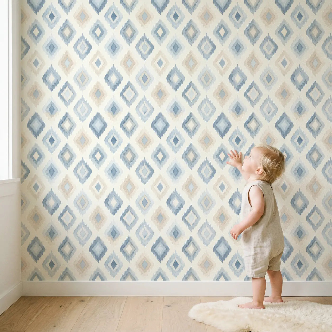 Ikat Diamond Watercolor wallpaper in styled kids room - Whimsy Tots