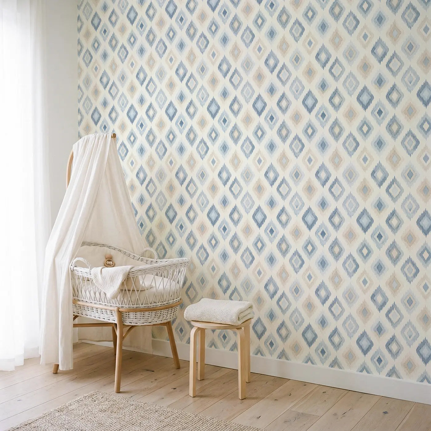 Ikat Diamond Watercolor wallpaper in Scandinavian nursery - Whimsy Tots