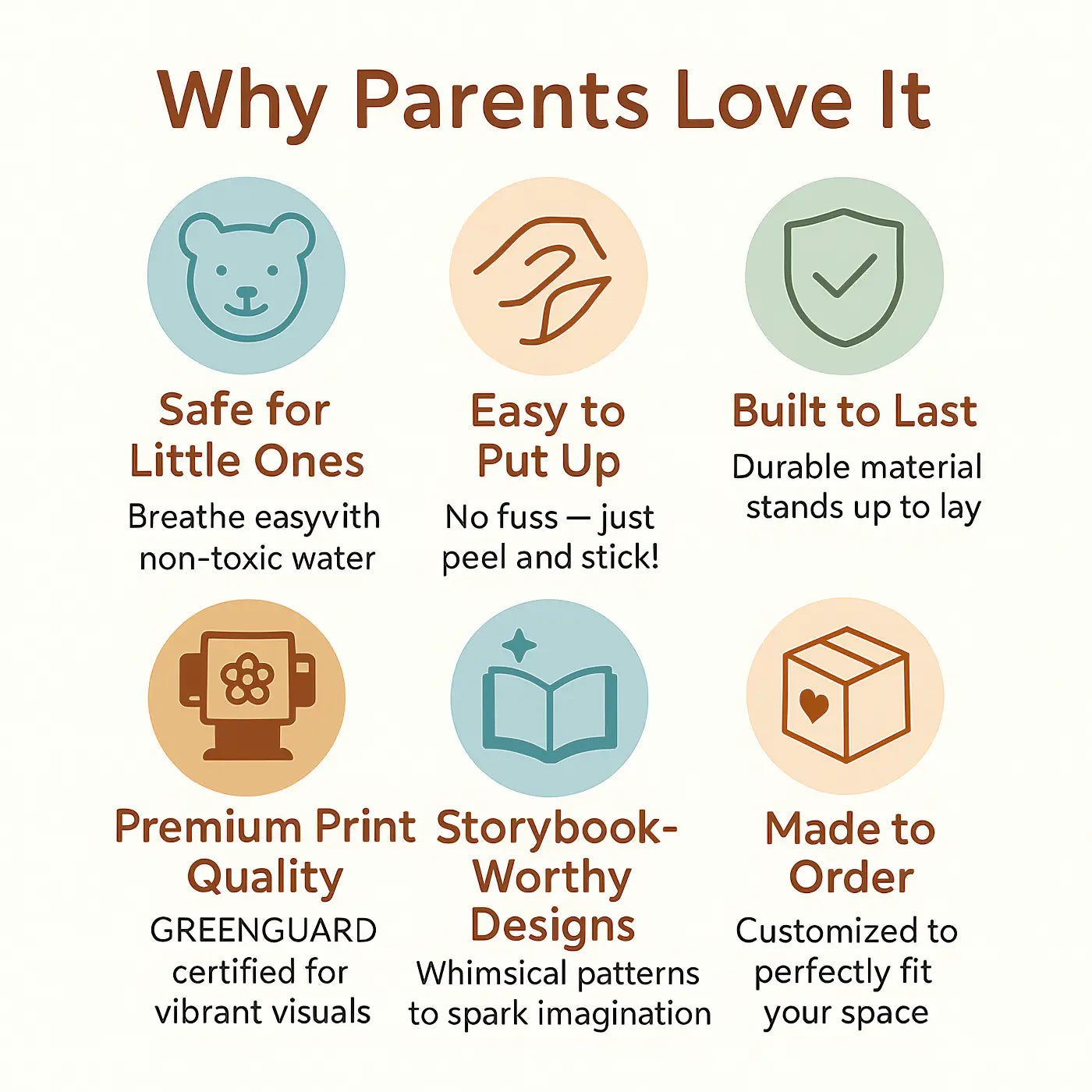 Whimsy Tots nursery wallpaper and mural—non‑toxic, peel‑and‑stick, durable, GREENGUARD print quality, whimsical, custom‑made.