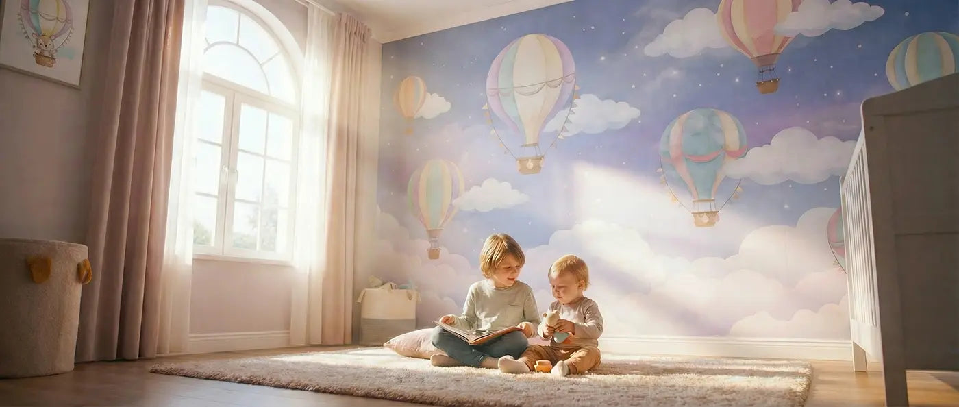 Two siblings reading books together in a sun-drenched nursery featuring a whimsical hot air balloon wall mural.