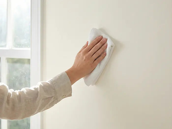 Hand gently wiping a nursery wall with a clean microfiber cloth to prepare for wallpaper installation.