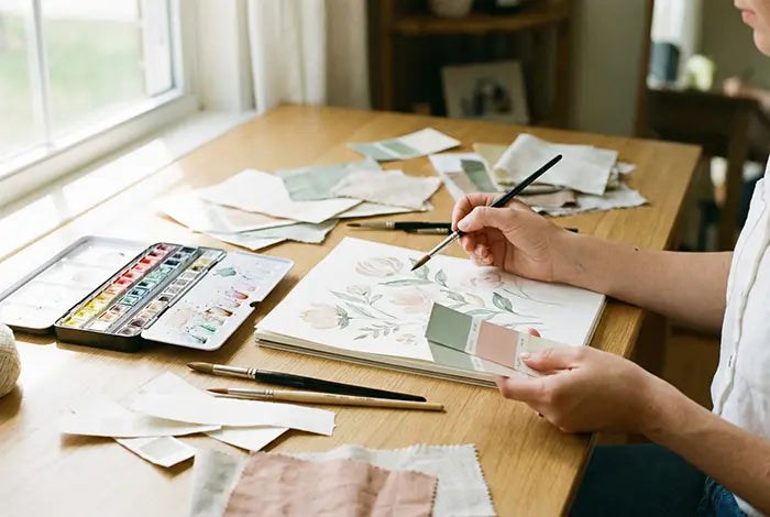 Close-up of the founder's hands painting original watercolor designs for nursery wallpaper at a sunny studio desk.