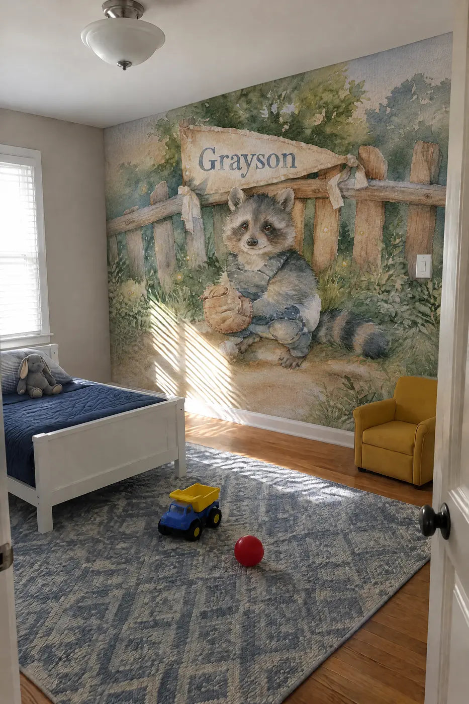 Backstop Pennant Raccoon Personalized Wall Mural in a toddler room by Whimsy Tots