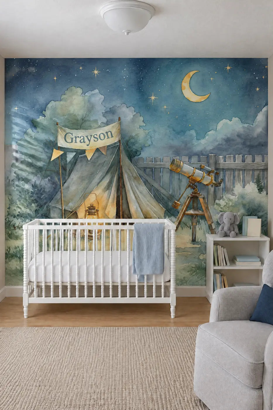 Backyard Stargazing Campout Personalized Wall Mural in a nursery by Whimsy Tots