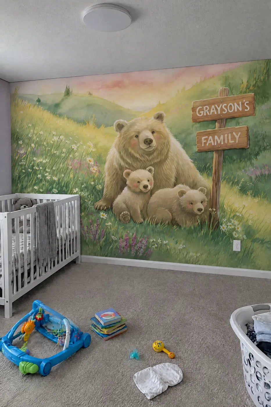 Bear Family Meadow Personalized Wall Mural in a nursery by Whimsy Tots