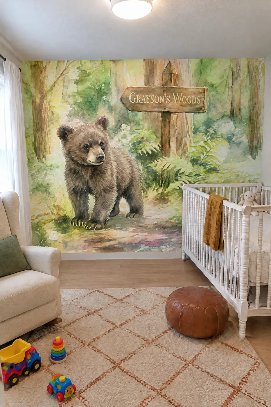 Brown Bear Cub Personalized Wall Mural in a nursery by Whimsy Tots
