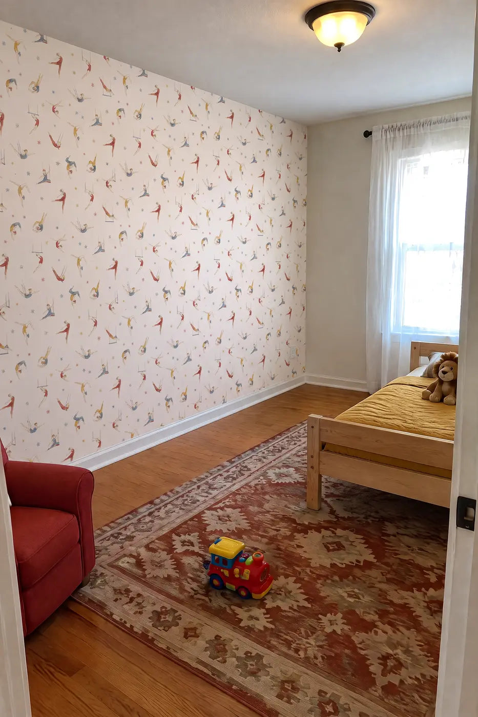 Circus Acrobats Watercolor Wallpaper in a toddler room by Whimsy Tots