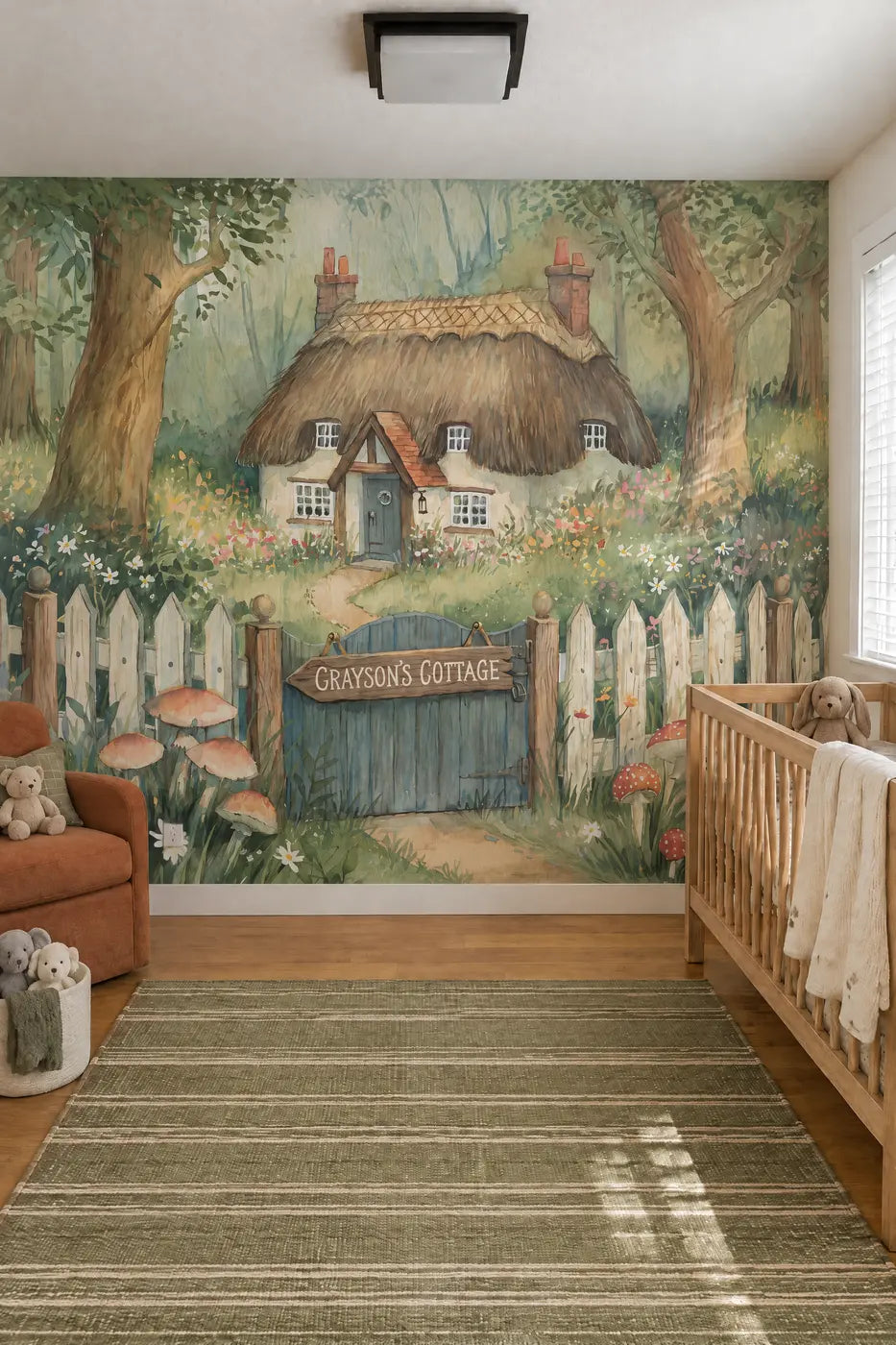 Cozy Woodland Cottage Personalized Wall Mural in a nursery by Whimsy Tots