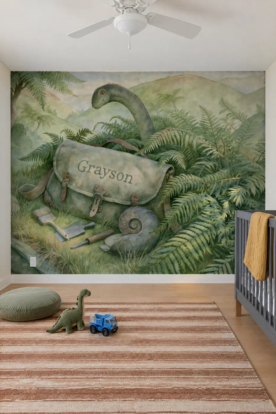 Dino Explorer Satchel Personalized Wall Mural in a nursery by Whimsy Tots