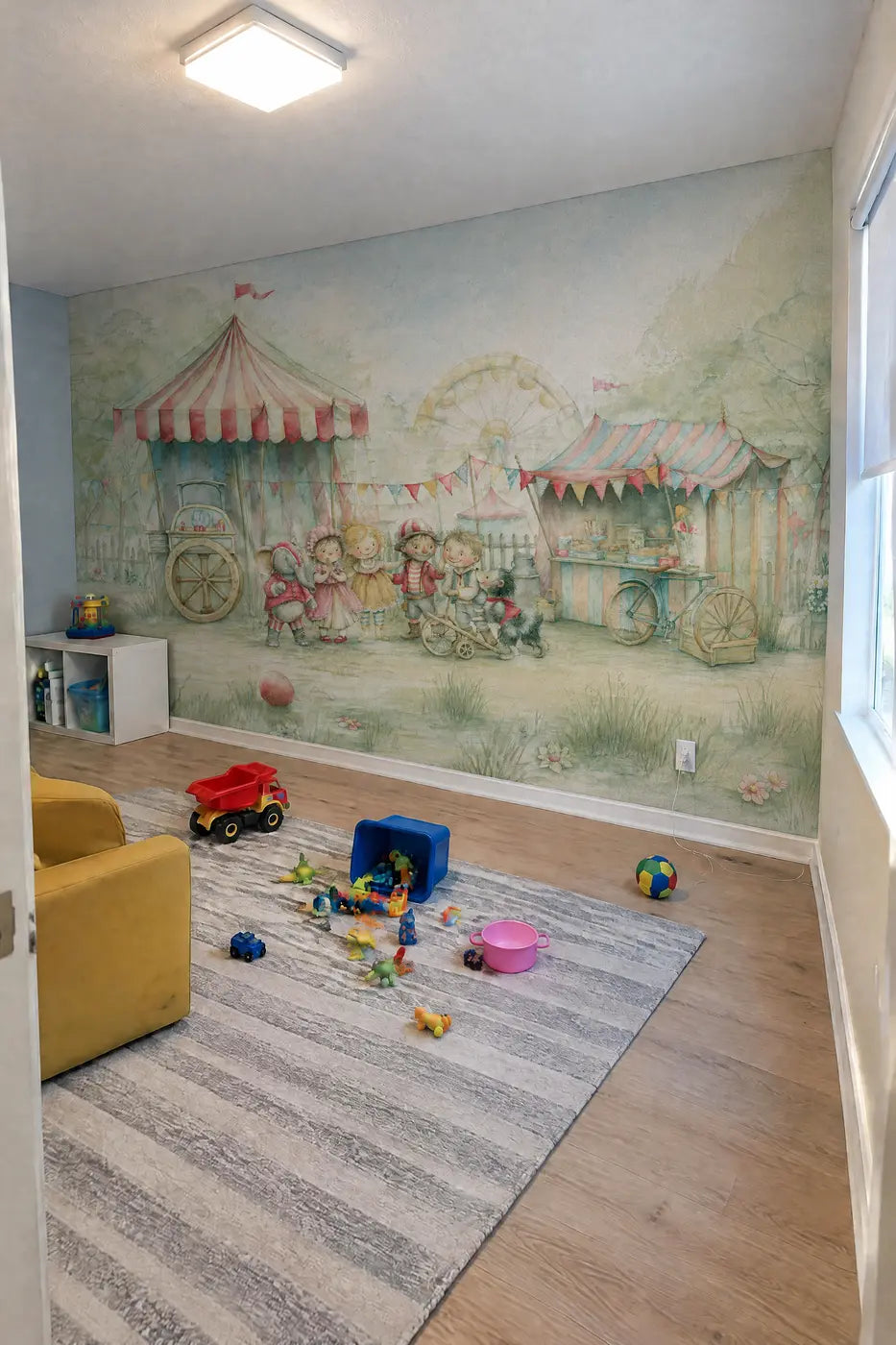 Funfair Friends Day Wallpaper Mural in a playroom by Whimsy Tots