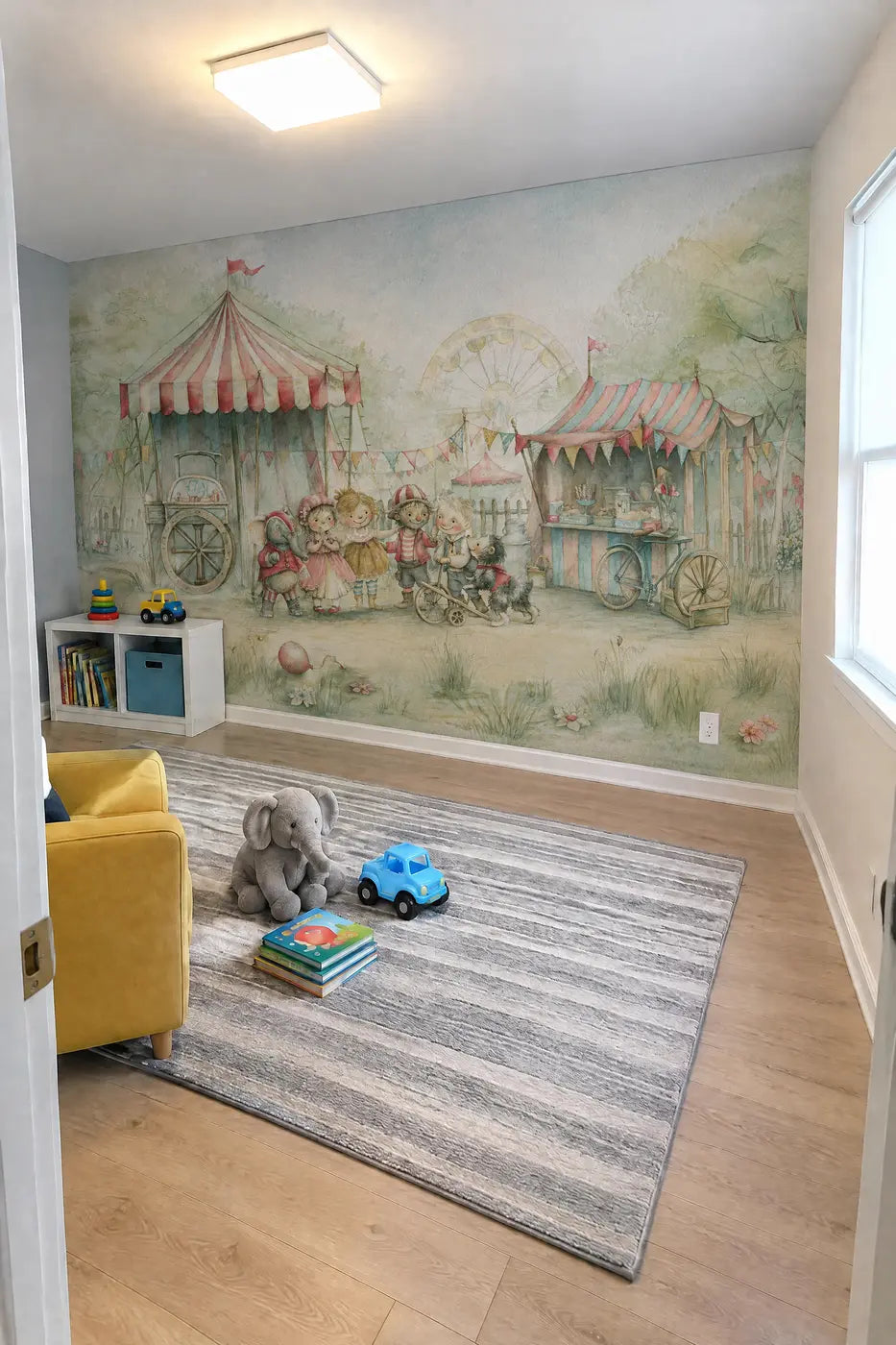 Funfair Friends Day Wallpaper Mural in a playroom by Whimsy Tots