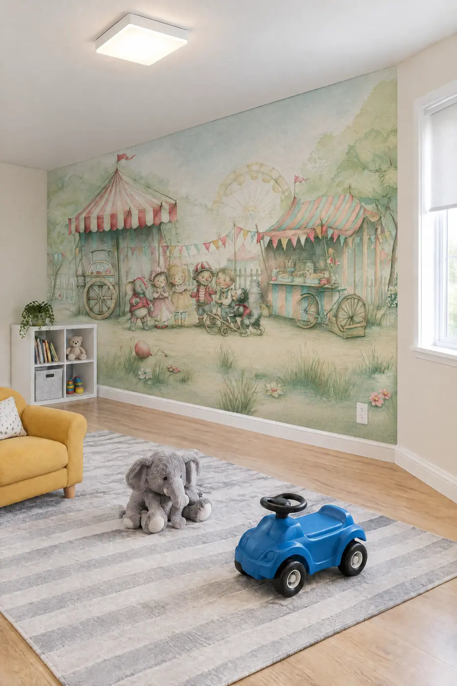 Funfair Friends Day Wallpaper Mural in a playroom by Whimsy Tots