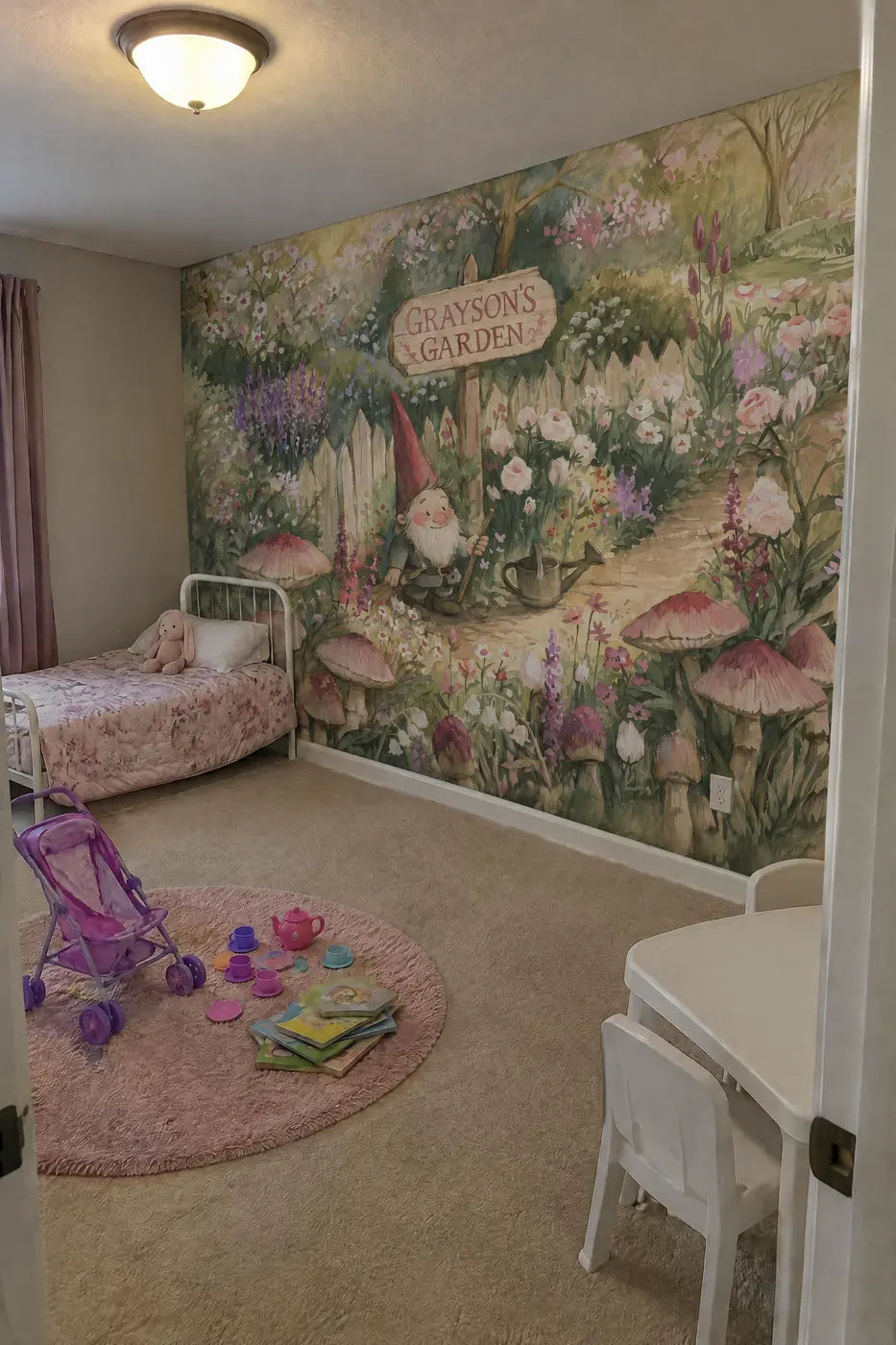 Gnome Cottage Garden Personalized Wall Mural in a toddler room by Whimsy Tots