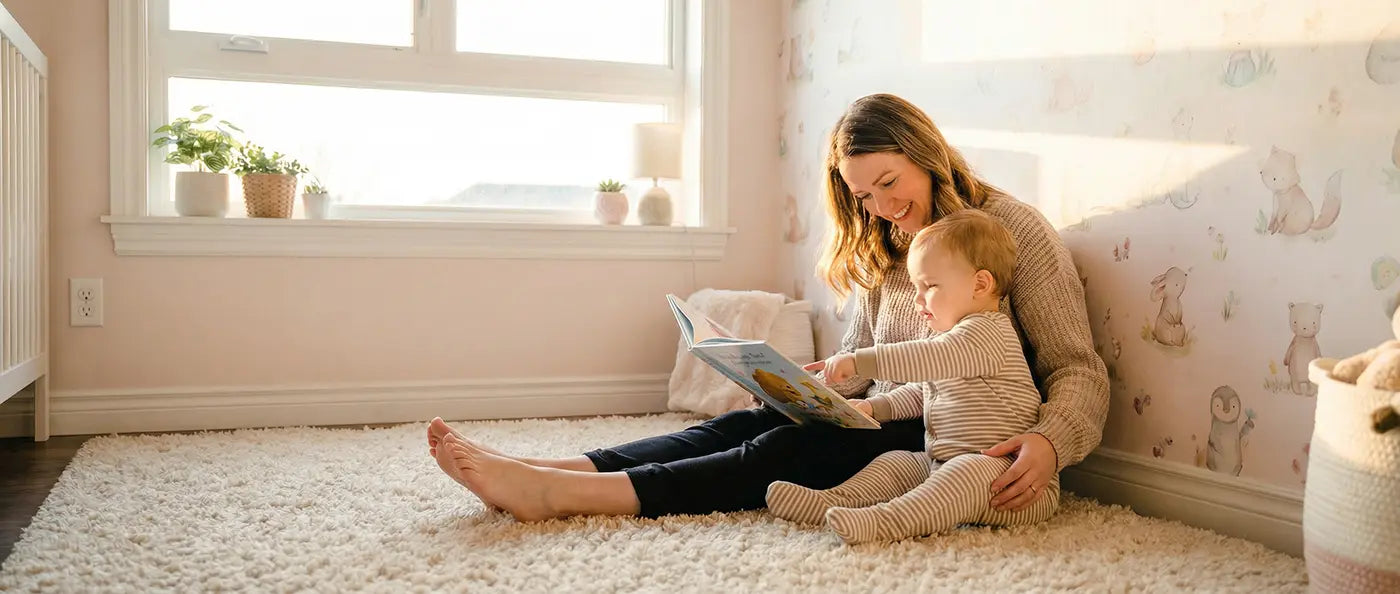 Mother and toddler sitting on a soft rug in a sunlit nursery reading a book, leaning against a wall with whimsical wallpaper.