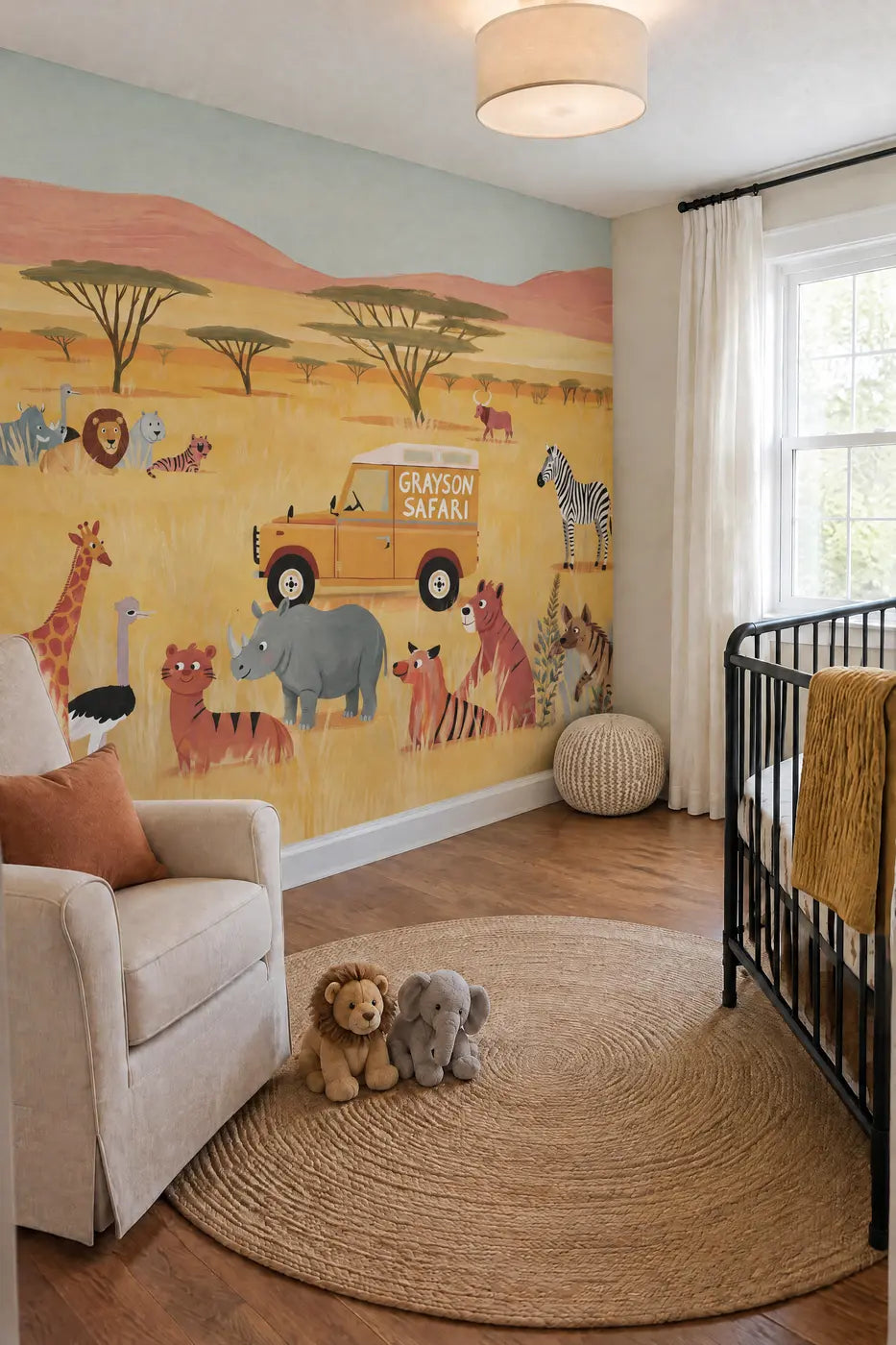 Safari Jeep Adventure Personalized Wall Mural in a nursery by Whimsy Tots