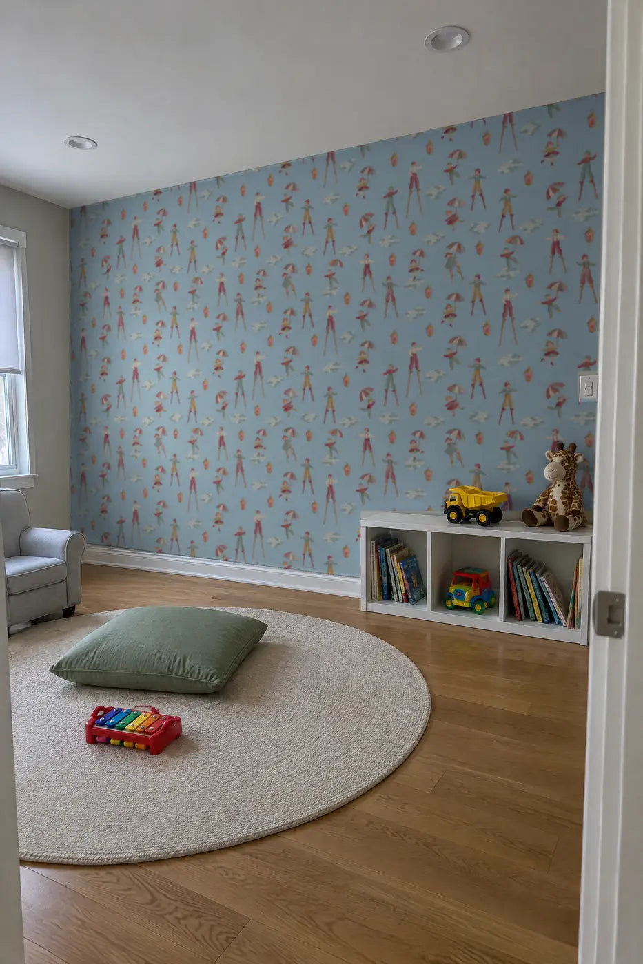 Stilt walkers circus wallpaper in a playroom by Whimsy Tots