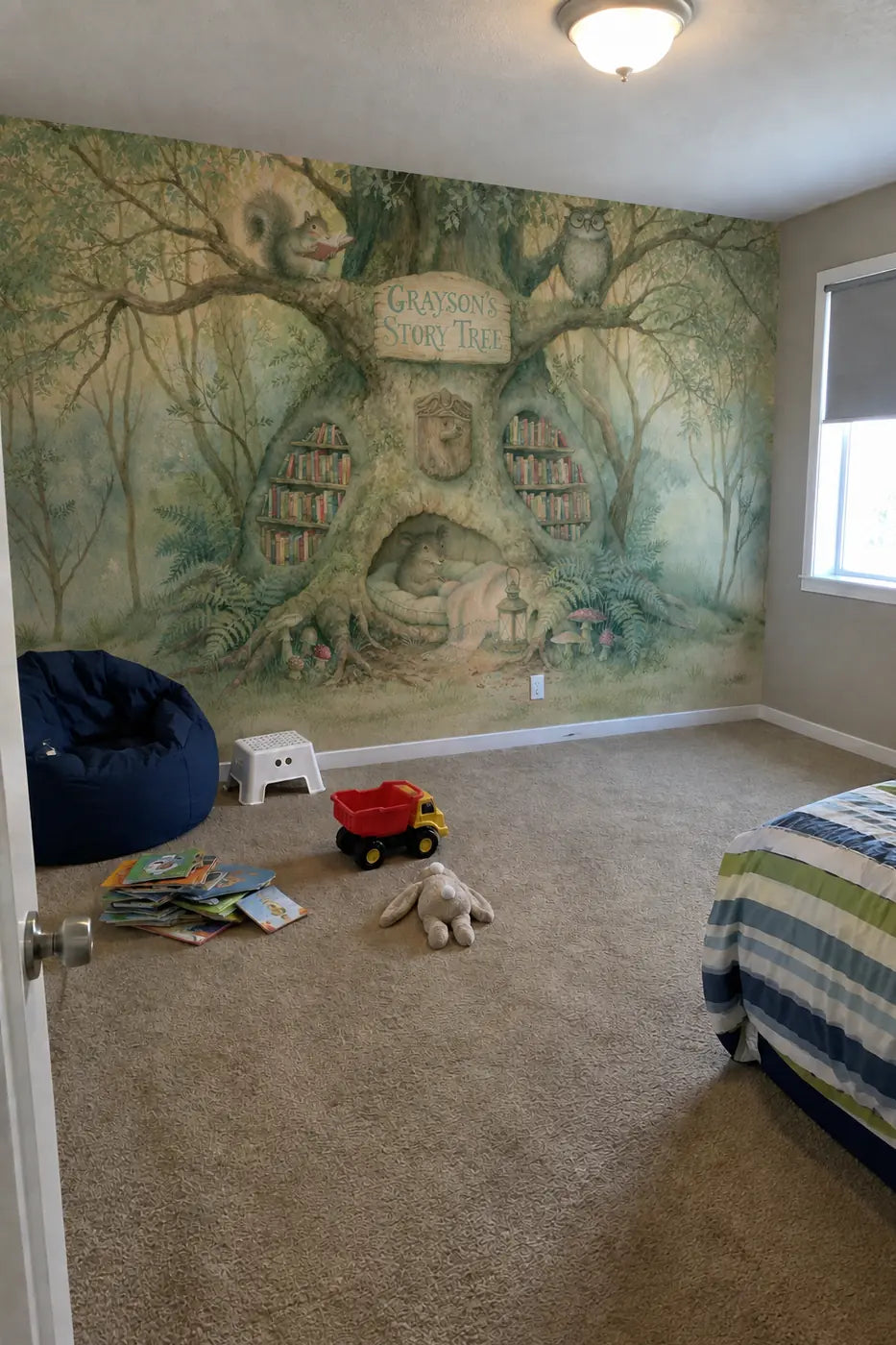 Story Tree Reading Nook Personalized Wall Mural in a kids bedroom reading corner by Whimsy Tots