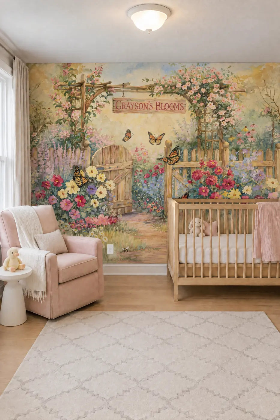 Sunny Butterfly Garden Personalized Wall Mural in a nursery by Whimsy Tots