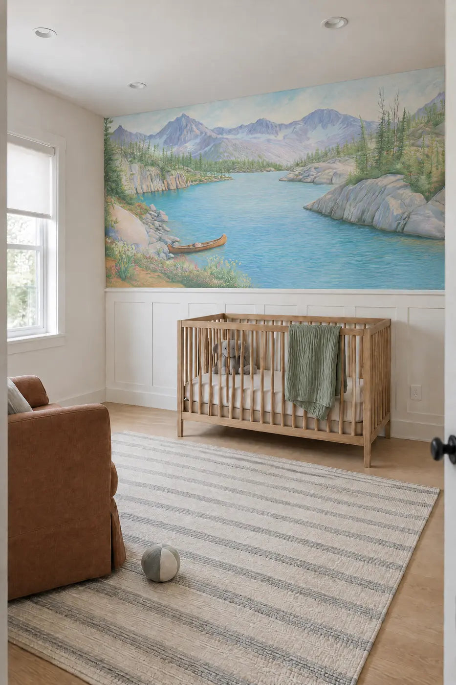 The Turquoise Tarn Wainscoting Wallpaper in a nursery by Whimsy Tots