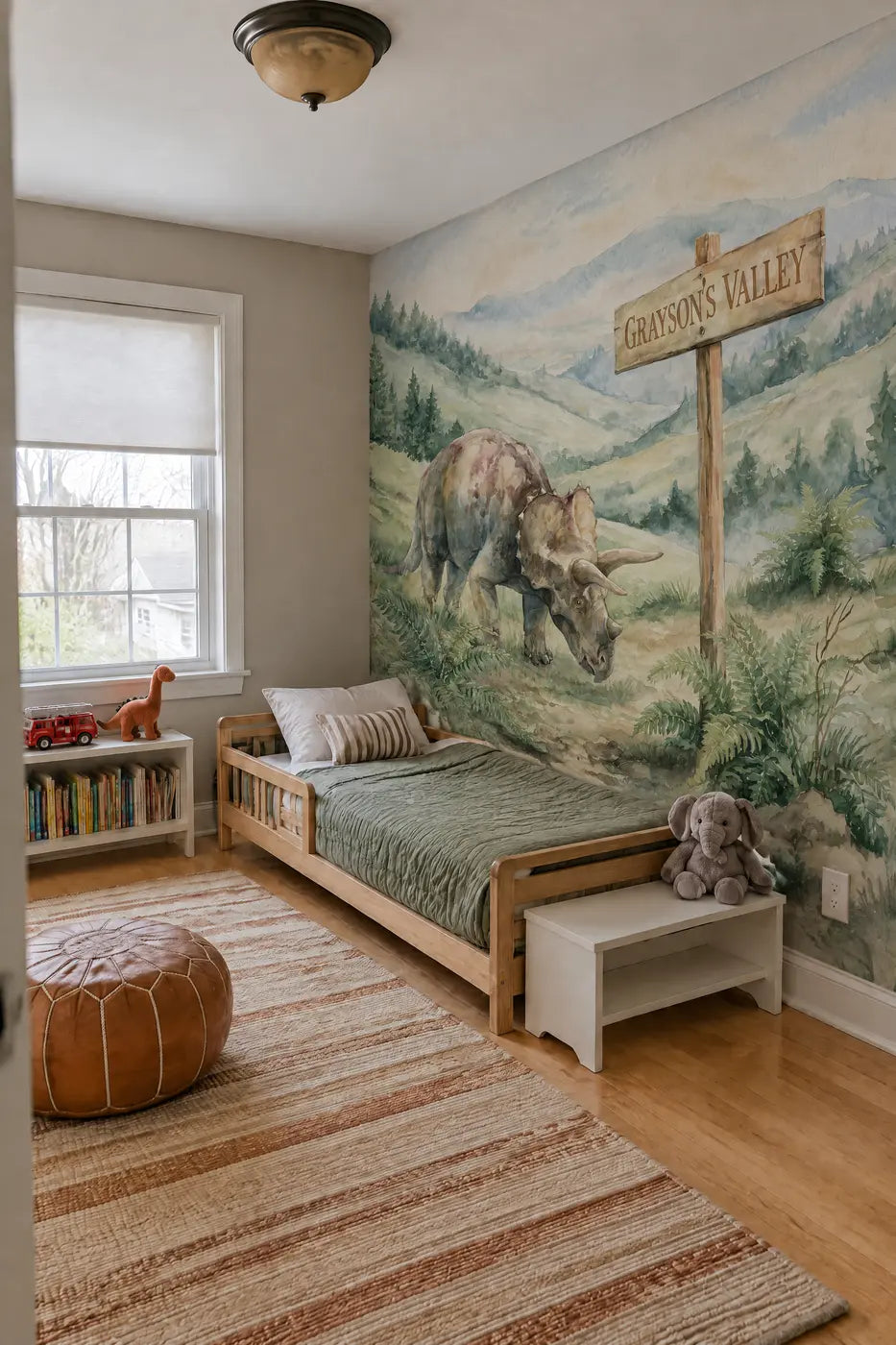 Triceratops Prehistoric Valley Personalized Wall Mural in a toddler room by Whimsy Tots