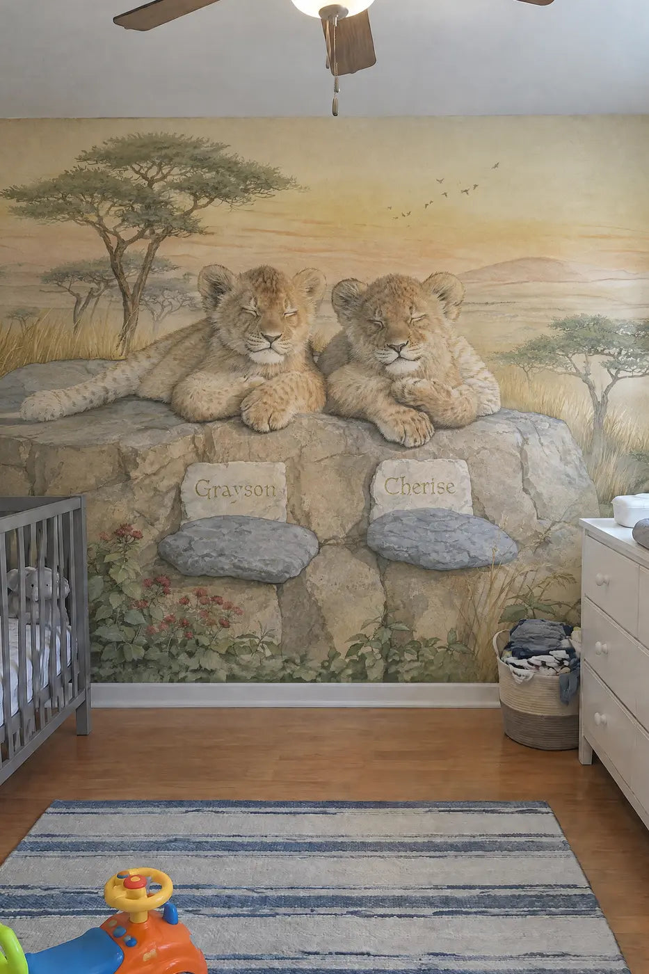 Two Lion Cubs on the Rock Personalized Wall Mural in a nursery by Whimsy Tots