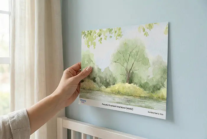 Hand holding a large 9x13 inch peel and stick wallpaper sample against a nursery wall to test color and texture.